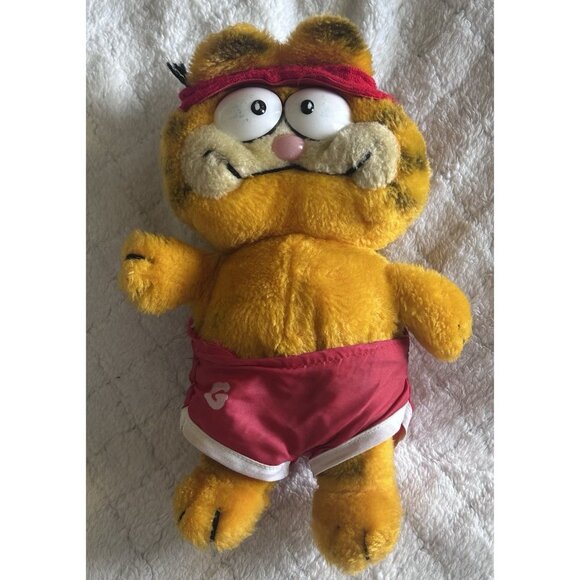 1981 Vintage GARFIELD Workout Red Sweatband Shorts Plush Stuffed Animal 10" - Picture 1 of 6
